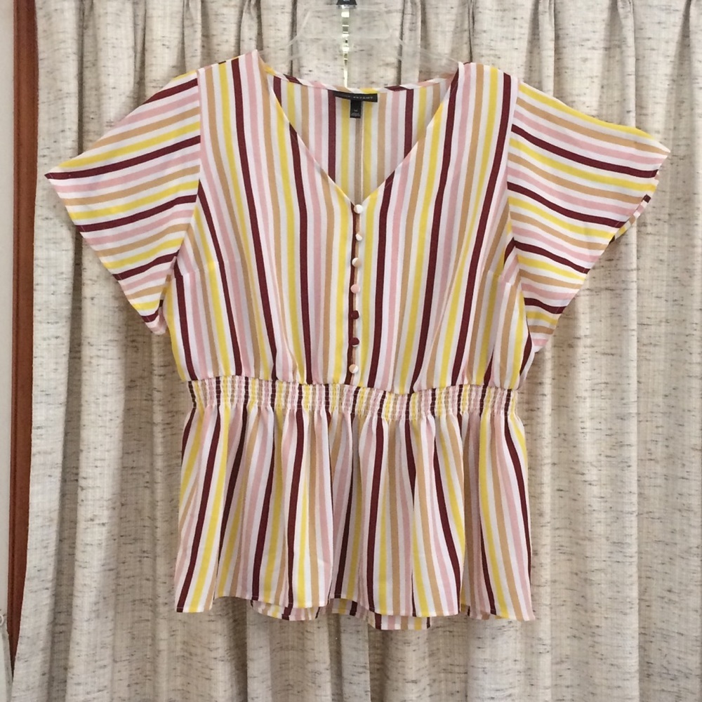 Lane Bryant Smocked Waist Kamila Stripe V-Neck Short Sleeve Blouse